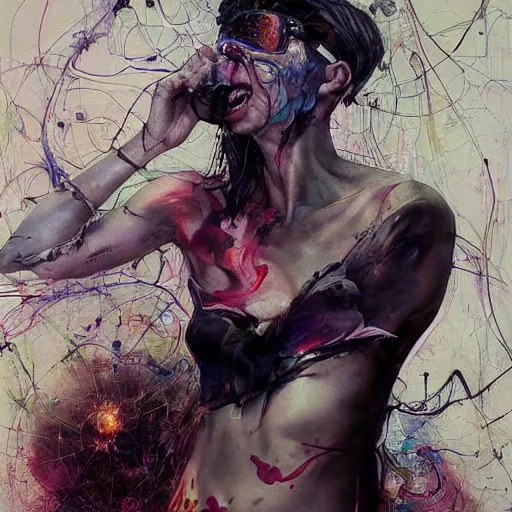 Image similar to grinning woman in a vr headset, dynamic energic pose, cyberpunk in the style of adrian ghenie, esao andrews, jenny saville, surrealism, dark art by james jean, takato yamamoto