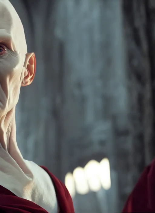 Image similar to film still of tilda swinton as voldemort in harry potter, 4 k, no nose