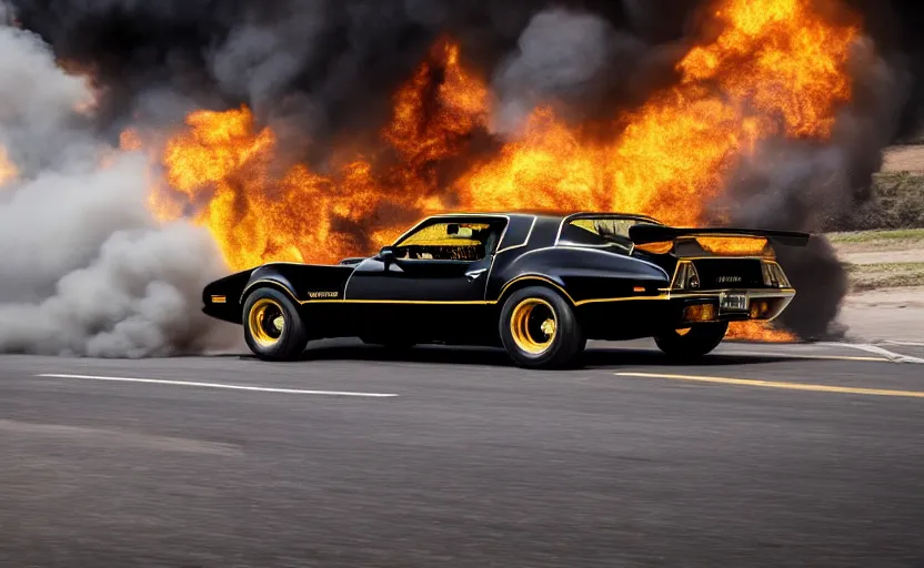 Image similar to a black and gold 1 9 7 3 pontiac firebird trans am sd - 4 5 5 driving high speed, fire explosion in the background, action scen. realistic. high resolution. dramatic