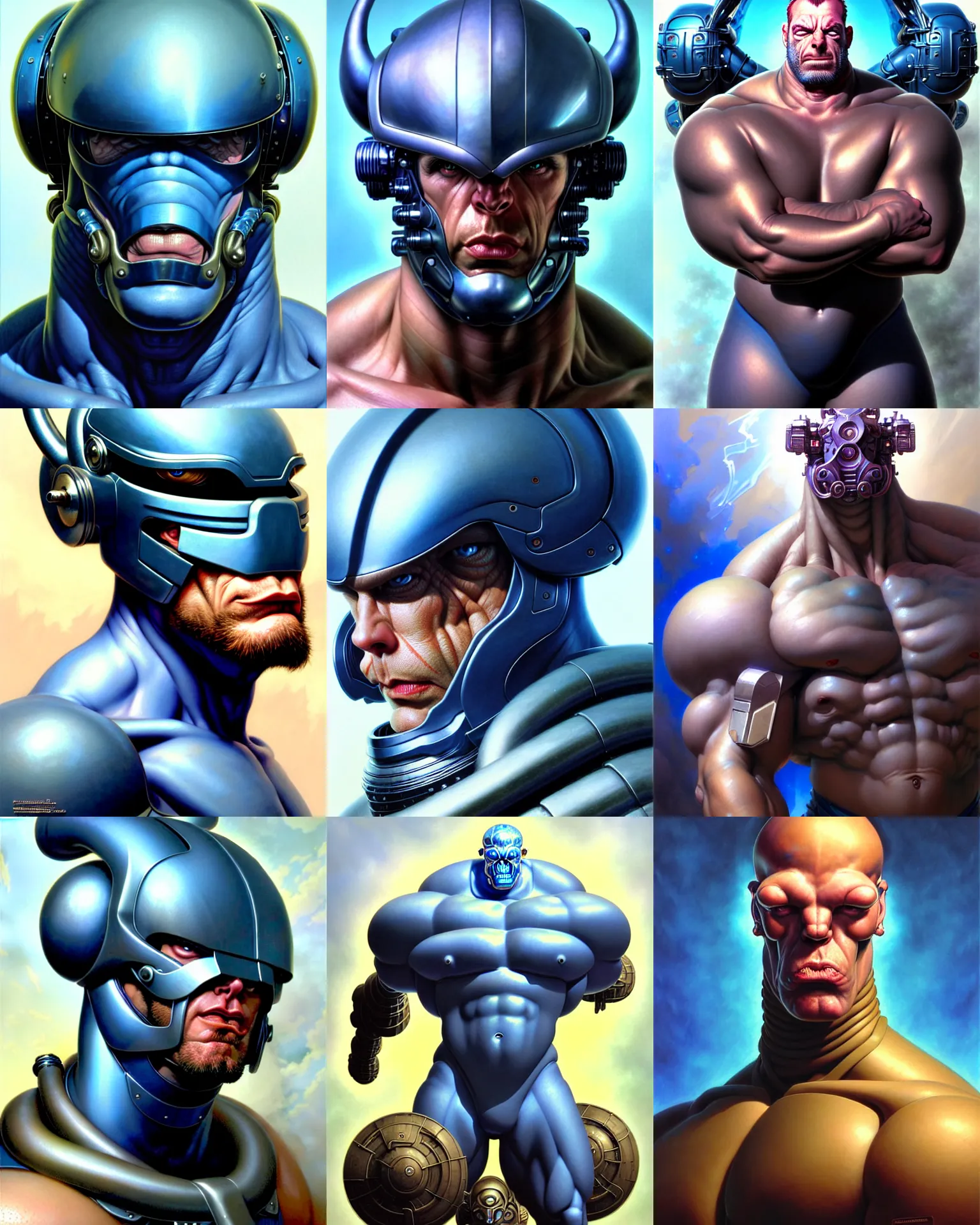 Prompt: solid thick super muscly male portrait, blue helmet, large metal jaw, three day growth, the maxx, ultra realistic, intricate details, the fifth element artifacts, highly detailed by peter mohrbacher, allen williams, hajime sorayama, wayne barlowe, boris vallejo, aaron horkey, gaston bussiere, craig mullins