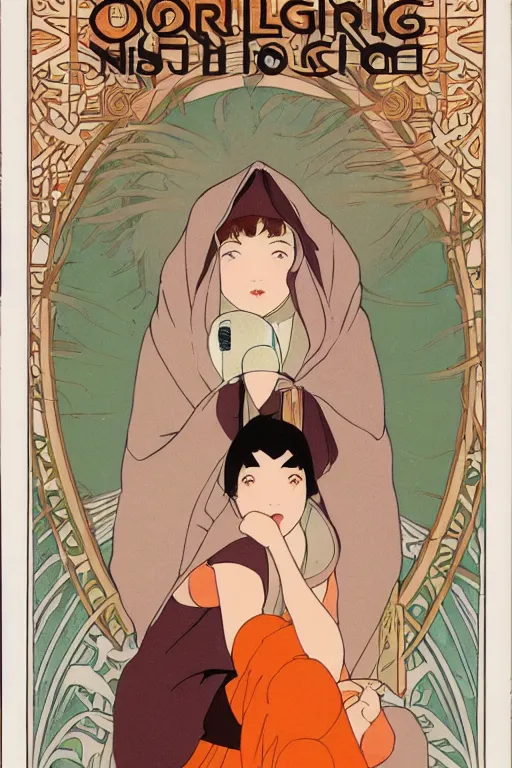 Prompt: a Girl in a large hood crouching on the ground ,orange slices,album,Microphone,Visual Communication Design by studio ghibli and mucha ,Refreshing colour