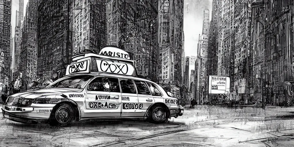 Image similar to cartoonish taxi through the streets of chicago, black and white, night time, dramatic lighting, german expresionism, noir film, character sheet, fine details, concept design, contrast, kim jung gi, greg rutkowski, trending on artstation, 8 k, full body, turnaround, front view, back view, ultra wide angle