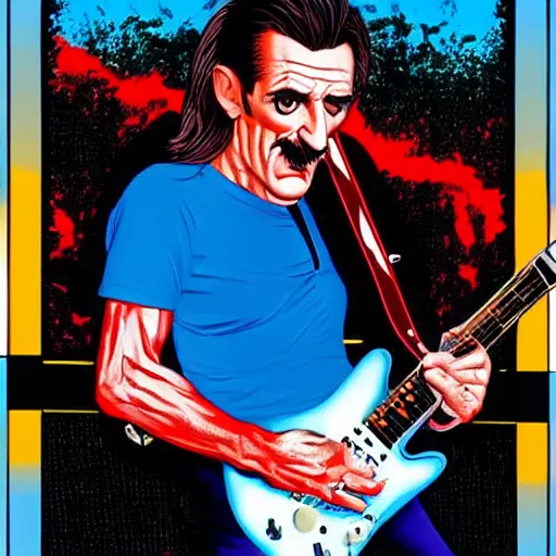 Image similar to Barry Chuckle Shredding on an electric guitar in the style of Jason Edmiston and Gary Panter