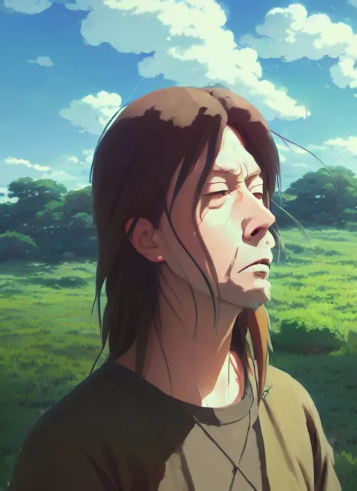 Image similar to portrait of joe dirt, cloudy sky background lush landscape illustration concept art anime key visual trending pixiv fanbox by wlop and greg rutkowski and makoto shinkai and studio ghibli