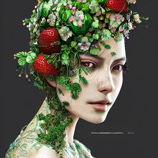 Prompt: the portrait of an absurdly beautiful, graceful, elegant, shy young woman made of strawberries and green petals, an ultrafine hyperdetailed illustration by kim jung gi, irakli nadar, intricate linework, bright colors, octopath traveler, final fantasy, angular, unreal engine 5 highly rendered, global illumination, radiant light, detailed and intricate environment