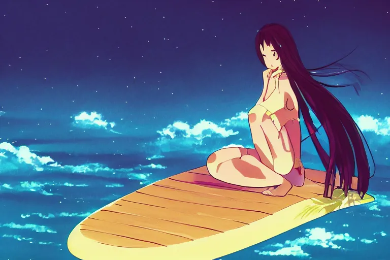 Prompt: anime woman sitting on surf board, tropical island, night time, wide angle, by studio ghibli, yuumei, anime, hazy, foggy, ambient lighting, cottagecore,