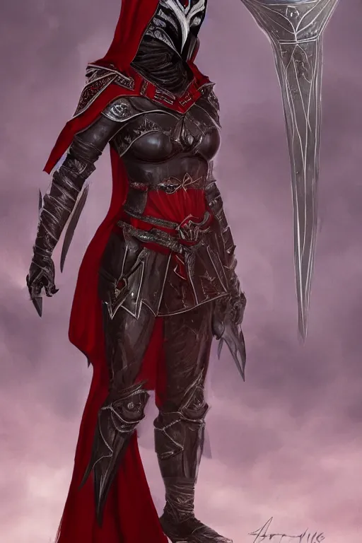 Image similar to female adventurer in tight full - body ebony leather armor of dunmer design with dark red cloth underneath and with a red porcelain crow mask, trending in artstation, establishing shot