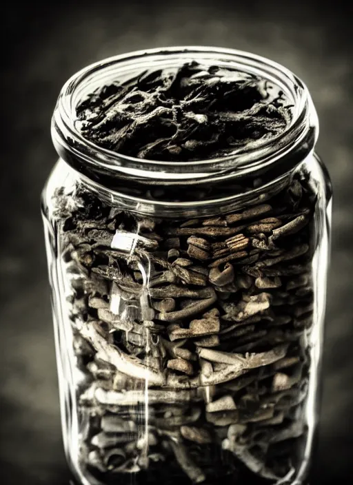 Image similar to jar full of teeth, dark, doom, obscure, high definition, high quality photo, 8k