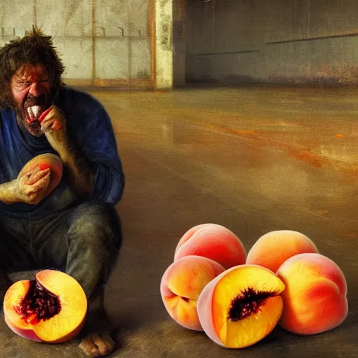 Image similar to feral man eating peaches in a factory, hunched over, mild mild impressionism, factory background, sharp colors, by greg rutkowski and asher duran