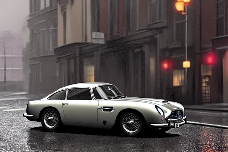 Prompt: a wholesome animation key shot of!! one!! focused!! aston martin db 5!!, dynamic, on a wet london street, raining, wide shot, studio ghibli, pixar and disney animation, sharp, very detailed, high resolution, rendered in unreal engine 5, anime key art by greg rutkowski, dull atmospheric lighting