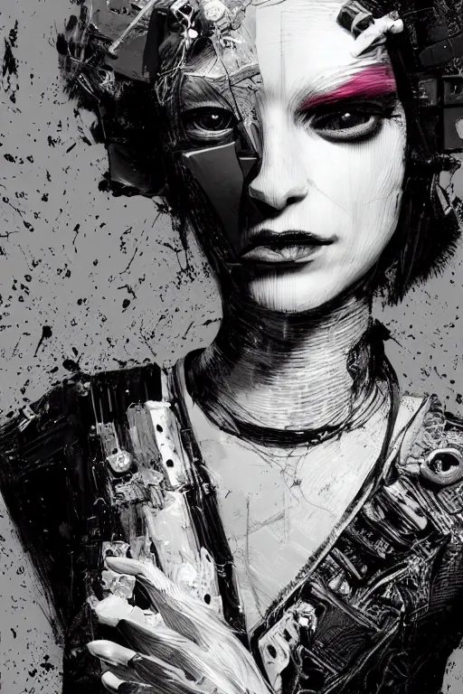 Image similar to an epic non - binary model, subject wearing a belt made out of computer mice, grungy, beautiful, intricate, black and white colors, with few pastel pink highlights, by jeremy mann and ilya kuvshinov, jamie hewlett and ayami kojima, trending on artstation, bold 3 d, octane render