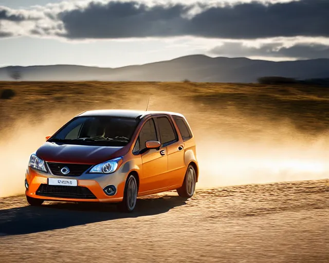 Image similar to border collie dog in the driver's seat of an orange nissan note, paws on wheel, car moving fast, rally driving photo, award winning photo, golden hour, front of car angle, extreme horizontal blur, 3 0 0 mm lens