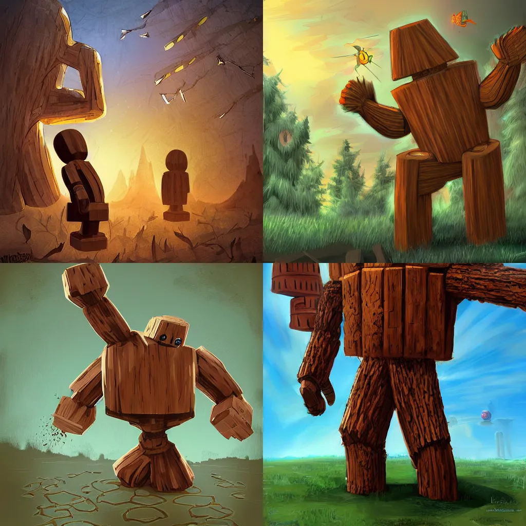 Prompt: wooden golem fighting alien knights, digital art