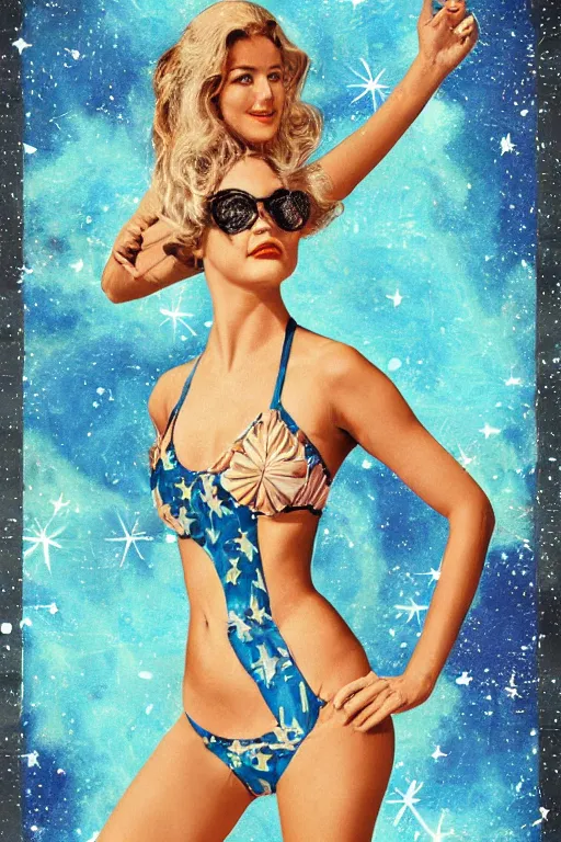 Image similar to vintage inspired, mixed media collage of a swimsuit model in space, full body, trending on art station, highly detailed, excellent composition