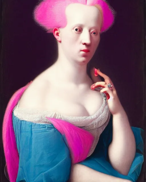 Image similar to photo-realistic portrait of an albino woman with pink hair, wearing a neon blue dress by Vivienne Westwood, intricate details, masterpiece, in the style of Jean Auguste Dominique Ingres, black background