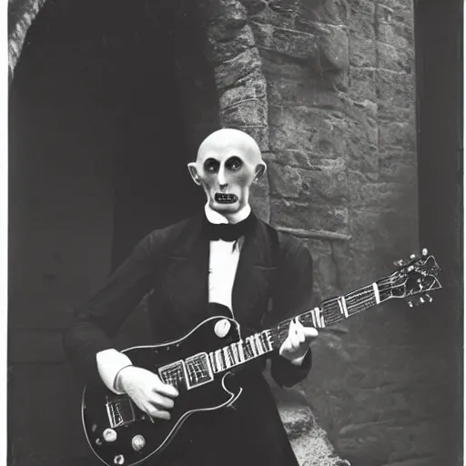 Image similar to vintage photograph of count orlok outside his castle, playing the blues on guitar, castle in the background, 4 k