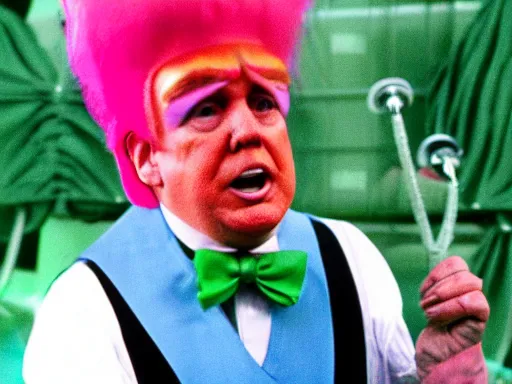 Image similar to donald trump as an oompa loompa with green hair, still from film chocolate factory 1 9 7 1