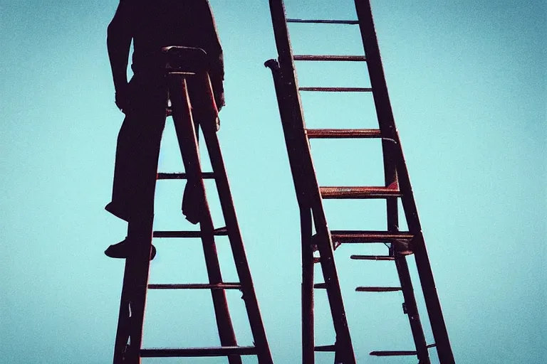 Prompt: “Close-up of a 100 years old man standing high on top of the ladders looking at the sky. In the style of ParkeHarrison”