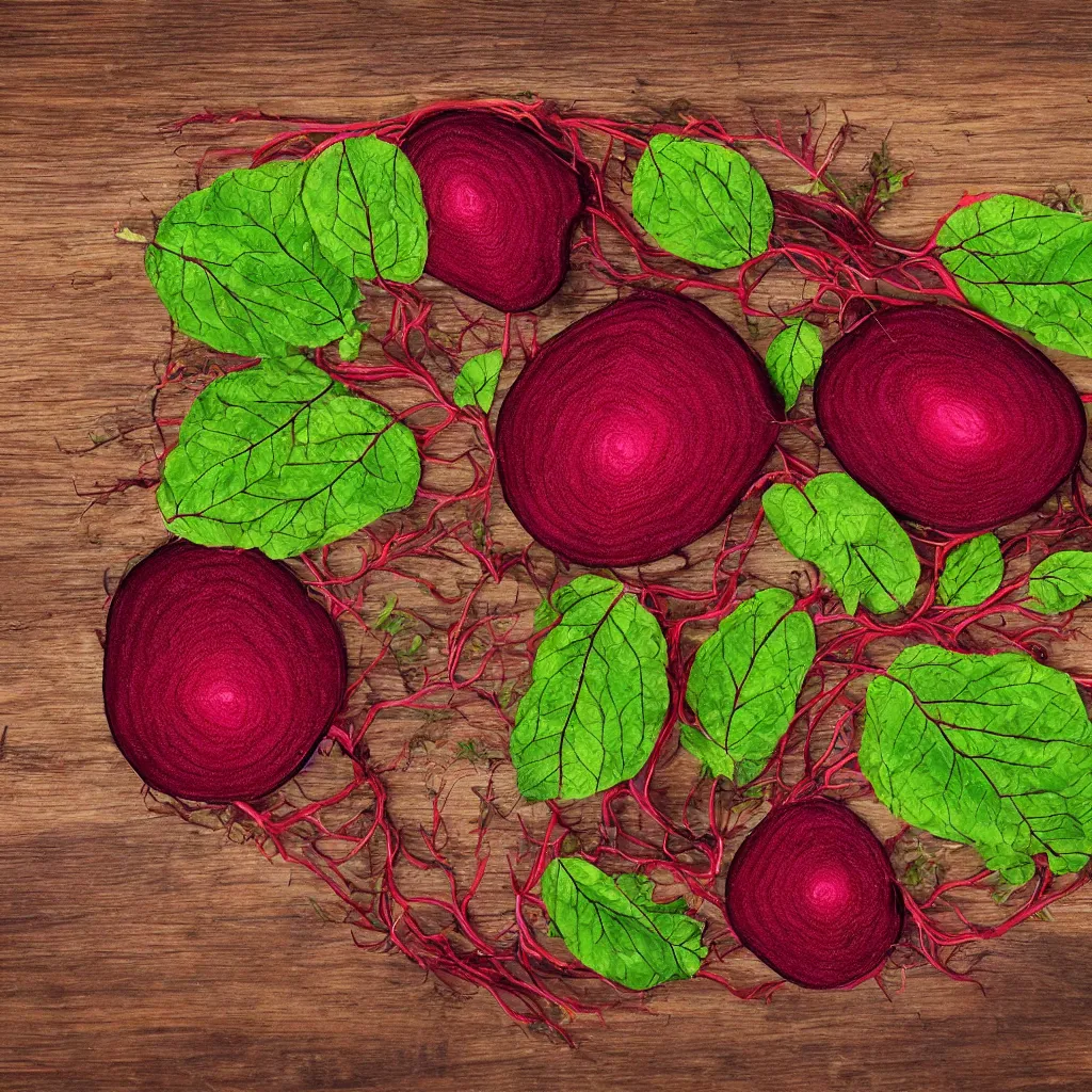 Image similar to embroidered beetroot with embroidered leaves and fractal roots, over vivid wood table, food photography. post - production : super detailed : masterpiece