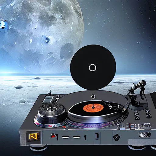 Image similar to a realistic matte painting of a dj with turntable play music on the moon, detailed, 8 k,