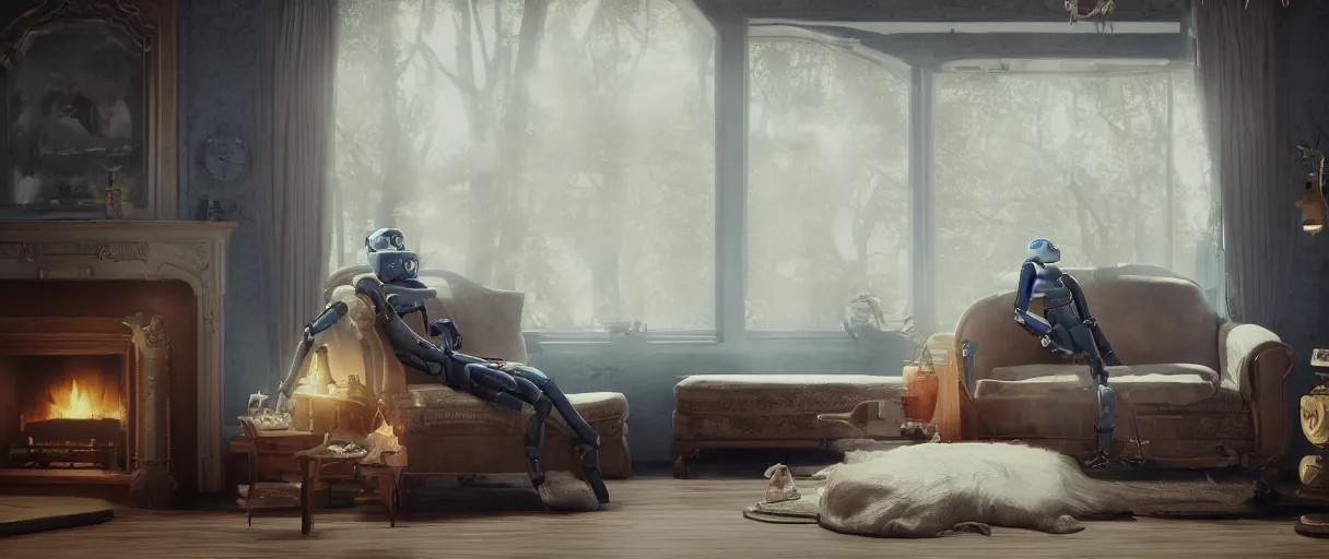 Image similar to Lonely and depressed robot sitting on a couch in front of a large fireplace in a Victorian home in the future. octane render, extremely detailed, cold blue cinematic lighting, 8k, lens flare, cinematic movie photograph, closeup portrait, trending on artstation, cgsociety, award-winning art, by Simon Stalenhag.