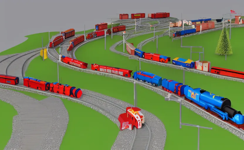 Image similar to four trains on tracks named speedy, sally, paul, and miguel : : children's show : : in the style of thomas the tank engine : : photography, 3 d render, happy mood