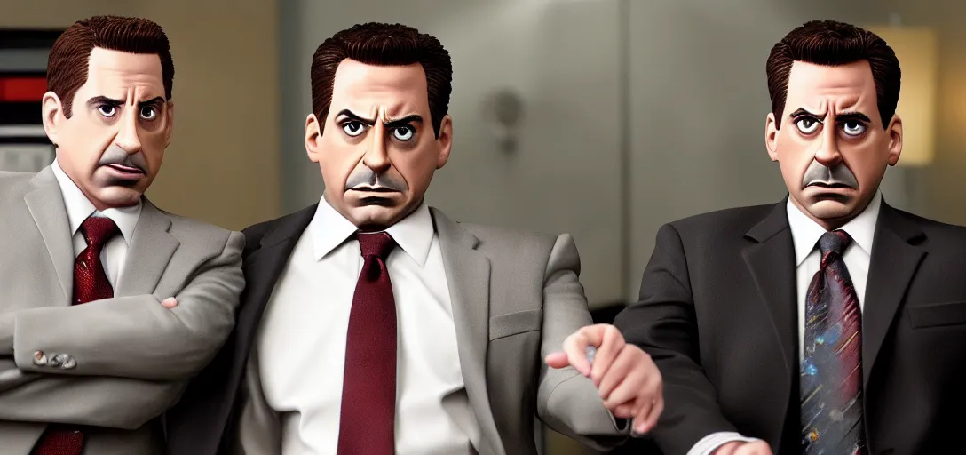 Image similar to a very high resolution image of tony stark and micheal scott. from an episode of the office. photorealistic, photography