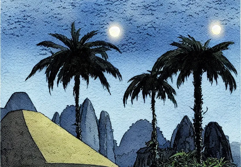 Image similar to a simple watercolor fantasy concept art of a dark grey boxy ufo next to a palm tree at night in machu pichu. by studio ghibli, rebecca guay, michael kaluta, charles vess