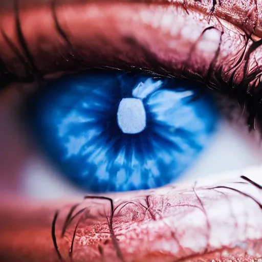 Prompt: Macro Photo of a woman\'s eye with a blue very detailed iris