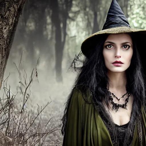 Prompt: a portrait of a beautiful witch maiden, dark eyes, dark hair, olive skin, depth of field, zeiss lens, detailed, centered, artstation, fashion photoshoot, by Annie Leibovitz and Steve McCurry, David Lazar, Jimmy Nelsson, Breathtaking, 8k resolution, extremely detailed, beautiful, establishing shot, artistic, hyperrealistic, beautiful face, octane render