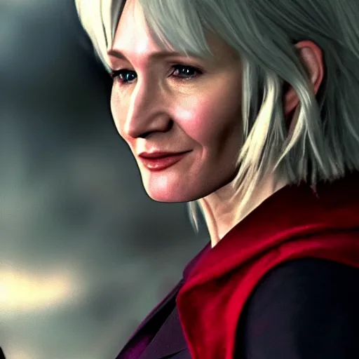 Image similar to JK Rowling as a character in Devil May Cry, film still, photorealistic, medium shot