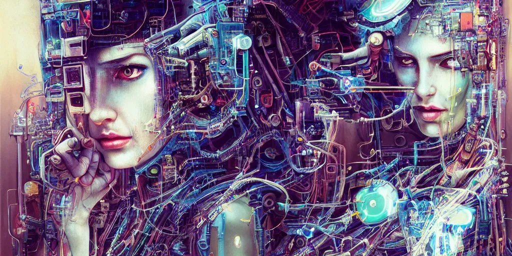 Prompt: portrait of computer & circuits, 8 k, by tristan eaton, stanley artgermm, tom bagshaw, greg rutkowski, carne griffiths, ayami kojima, beksinski, giger, trending on deviantart, face enhance, hyper detailed, minimalist, cybernetic, android, blade runner, full of colour, super detailed