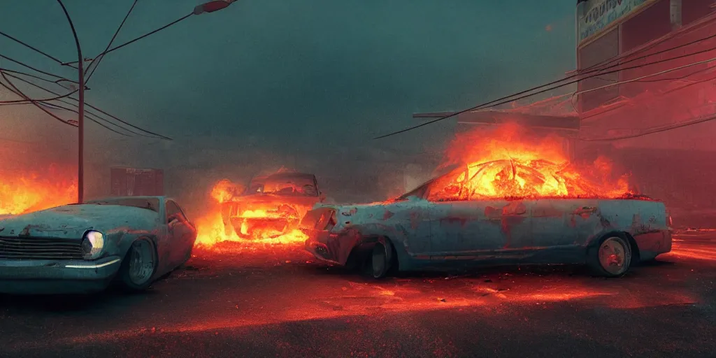 Prompt: An abandoned car on fire in the middle of the parking lot of a fast food franchise, doom and gloom, lightning storm, vibrant colors, by Stephen King, misty, moody, sinister, cinematic lighting, cinematic color grading, 8k render, hyperrealistic, ultra HD, Unreal Engine 5 render