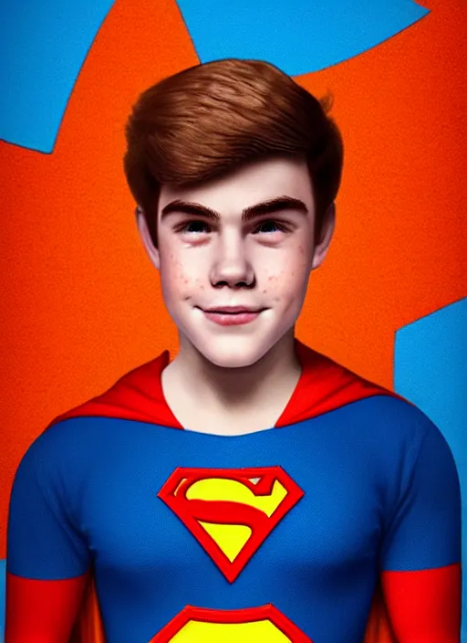 Image similar to friendly teenage archie andrews wearing an orange superhero costume with heart logo, heart, freckles, blue cape, heart emblem on chest, blue cape, intricate, elegant, glowing lights, highly detailed, digital painting, artstation, sharp focus, illustration, art by wlop, mars ravelo and greg rutkowski