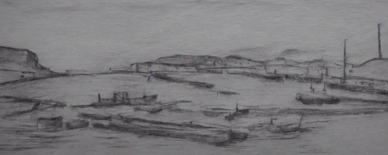 Prompt: a cave painting of the harbour at Stromness orkney, charcoal