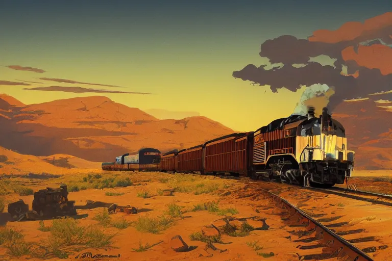 Prompt: idyllic old western freight train illustration by syd mead, artstation, 4 k, graphic novel, concept art, matte painting, steam engine spewing billowy white clouds of steam, beautiful mountain desert sunset background, golden hour