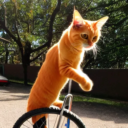 Image similar to orange tabby cat riding a unicycle