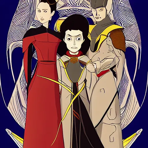 Image similar to family portrait of duke leto atreides, lady jessica and paul atreides, dune, futuristic palace, aristocratic, space opera, in the style of yamato - e, tosa school, tosa mitsuoki, iwasa matabei, awataguchi takamitsu.