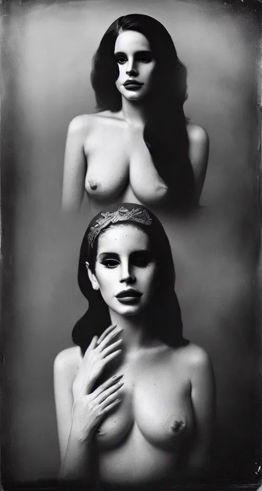 Prompt: a wet plate photograph, a portrait of Lana Del Rey
