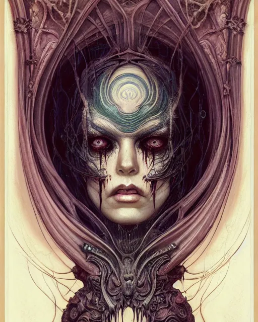 Image similar to perfectly centered portrait front view of a dead rotten beautiful female daemon growing ornamentation, ornate, detailed, symmetrical, elegant, beautifully soft lit, by wayne barlowe, peter mohrbacher, kelly mckernan