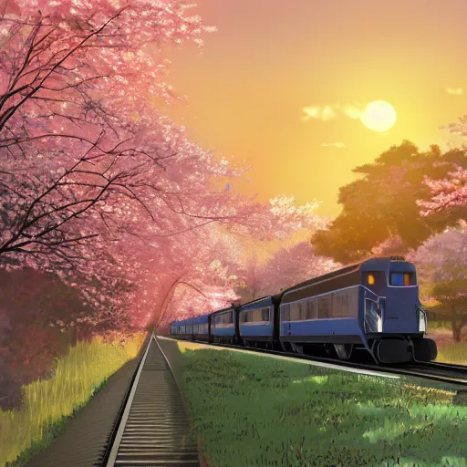 Image similar to a photo realistic anime scene of a train running through a sakura forest on a beautiful sunset. By Makoto shinkai and studio ghibli.