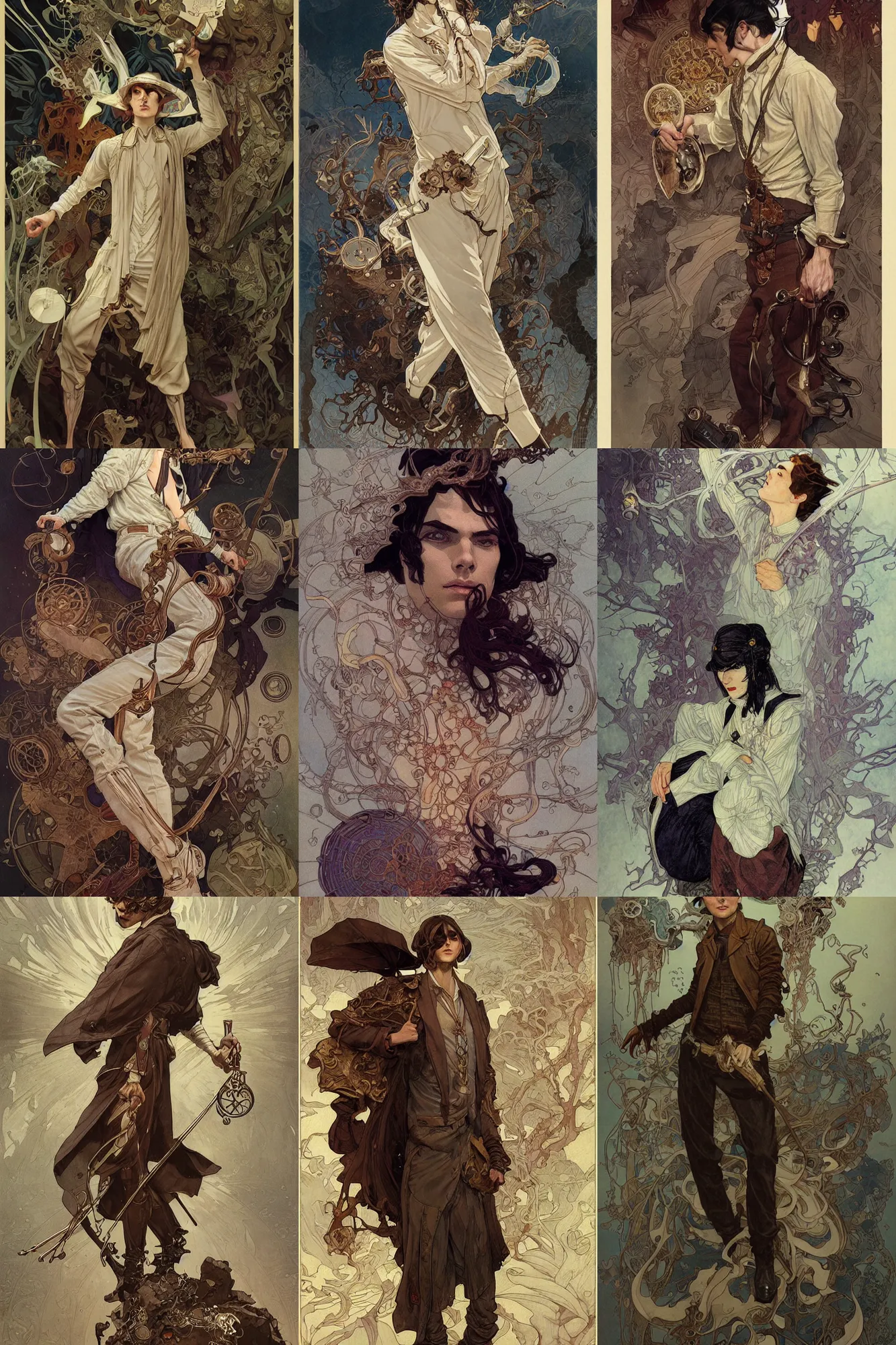 Image similar to thin young male alchemist, long dark hair, 1 9 2 0 s fashion, fantasy, highly detailed, intricate, smooth, art by joseph leyendecker, peter mohrbacher, ruan jia, marc simonetti, ayami kojima, cedric peyravernay, alphonse mucha, victo ngai