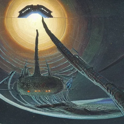 Image similar to intricate, spaceship in orbit of a alien planet, style by caspar david friedrich and wayne barlowe and ted nasmith.