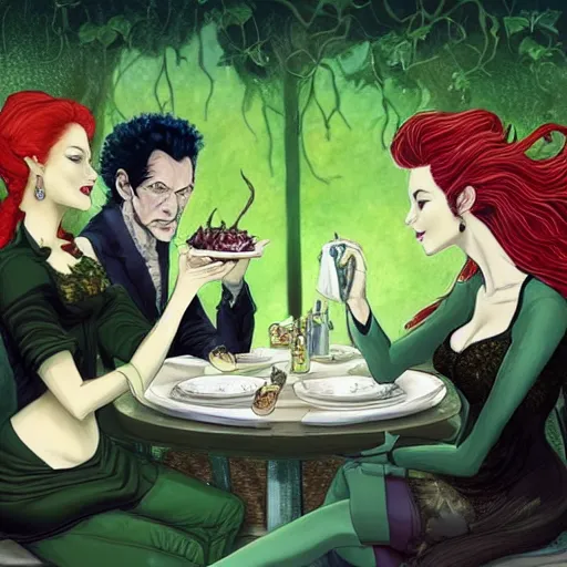 Prompt: a beautiful picture of doctor poison ivy professor of botany and doctor liliana vess professor of demonology having lunch, academic clothing, dark eyeliner, intricate, elegant, highly detailed, digital painting, artstation, concept art, matte, sharp focus, illustration, art by bob ross and hokusai