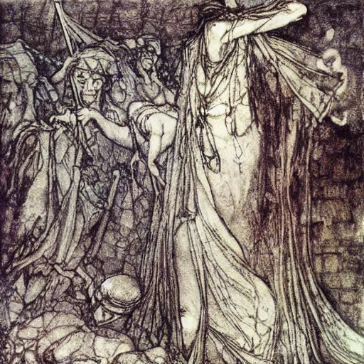 Prompt: The blood-dimmed tide is loosed and everywhere the ceremony of innocence is drowned, painted by Arthur Rackham