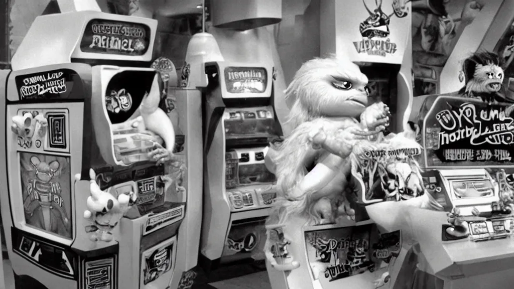 Prompt: Hyperreal Gremlins disguised as casino arcade machines dispense experimental ice cream vaccine derived from predator, xenomorph and furby goosebumps goo in downtown silicon valley, film still from banned media Gremlins 3 New World Order, directed by REDACTED circa 1992 | text reads \'Gremlins 3 New World Order\' | Gremlins