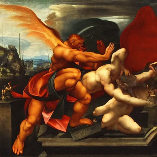 Prompt: the devil and the god, epic fight, iconic battle by raphael