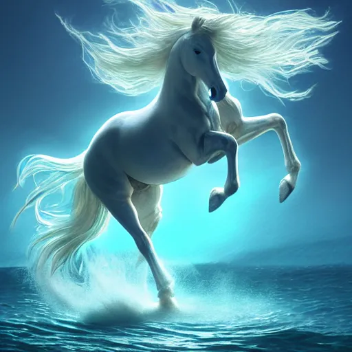 Image similar to a fantastical transparent small turquoise spirit horse made of water and foam and algae, splashing water, wave, translucent, ethereal, noble, radiant, hyperalism, scottish folklore, digital painting, artstation, concept art, smooth, 8 k frostbite 3 engine, ultra detailed, art by artgerm and greg rutkowski and magali villeneuve