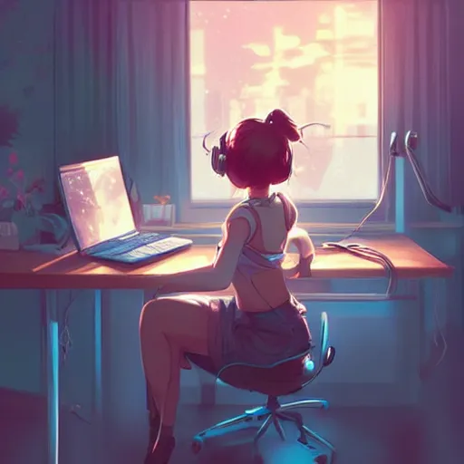 Image similar to attractive girl, hair in messy bun, wearing headphones, studying at desk, bedroom setting, golden hour, digital art, art by rossdraws, artgerm, anime scenery by Makoto Shinkai