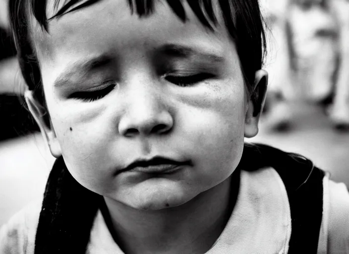 Prompt: high resolution black and white portrait with an 8 0 mm f / 1 2 lens of medium children with closed eyes focused on the soviet union era on the verge of tears.